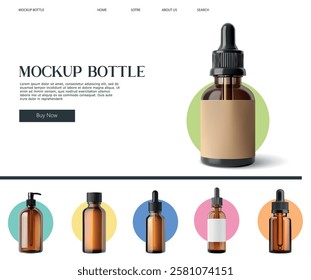 Collection of brown glass bottles with droppers in different designs arranged on a simple web layout, highlighting packaging options for potential products and branding.