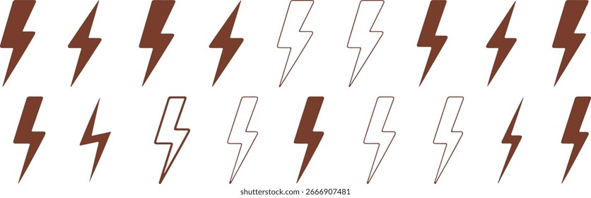 colección de iconos de relámpagos marrones con contornos, círculos y acentos de rayos de sol, conjunto de Vectores de símbolos de energía