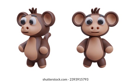 Collection with brown monkeys in different positions. Set of cartoon animal toy characters for store. Vector illustration in 3D style with white background