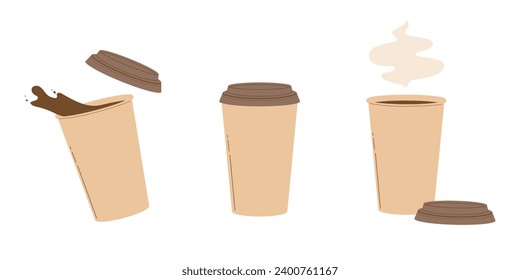 Colección de tazas de papel marrón de café caliente o té con una tapa. Café para ir. Ilustración vectorial plana moderna aislada en fondo blanco
