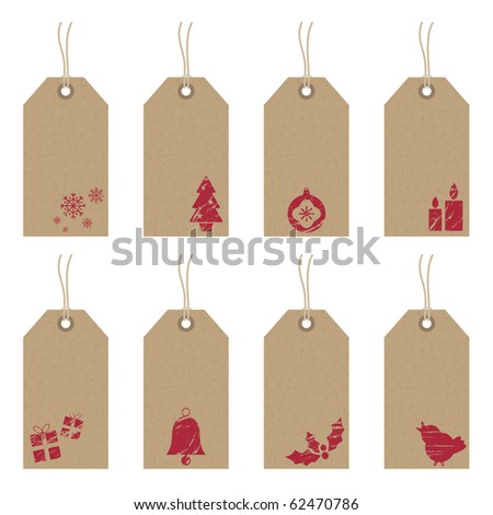 Collection of brown paper tags with red Christmas motifs with a distressed feel
