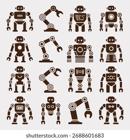 Collection of brown robot icons and robotic arms on a light gray background robots industrial robot