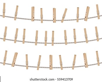 Collection of brown wooden clothespins, pegs illustration.