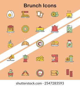 Sammlung von Brunch-Symbolen, die Speisen und Getränke veranschaulichen, die während des Brunch serviert werden, ideal für kulinarische und soziale Themen.