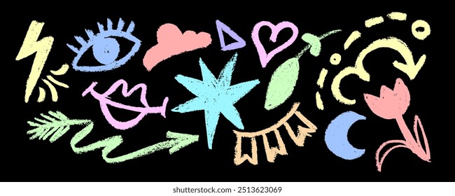 Collection of brush drawn colorful symbols: heart, star, arrows, eye, tulip, swirls and dots with dry brush texture. Exclamation and question marks. Bold graffiti style shapes. 
