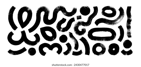 Collection of brush drawn curved lines, bold swirls and circles. Bold graffiti style shapes with dry brush texture. Creative trendy style design. Childish doodle thick shapes. Collages elements.