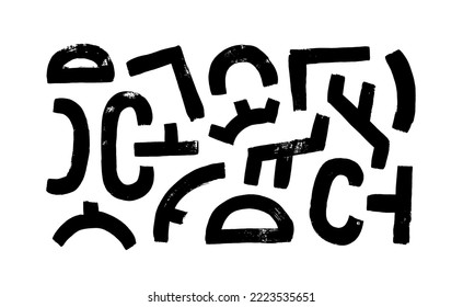 Collection of brush drawn geometric shapes. Set of black ink brush strokes and bold design elements isolated on white background. Simple geometrical monochrome shapes. Vector ink illustration.