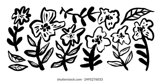 Collection of brush drawn naive flowers. Silhouettes of poppy or chamomile stems. Simple abstract hand drawn various floral branches. Vector bold stems in childish or doodle style. Ink illustration.