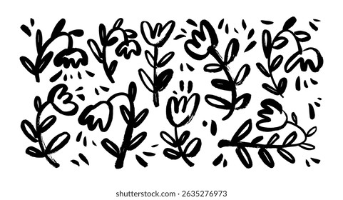 Collection of brush drawn naive meadow flowers. Doodle vector graphic flowers with stems. Botanical naive kid's illustration. Hand drawn bold brush drawn plants, naive abstract cute blossom.