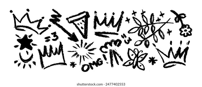 Collection of brush drawn symbols:  crowns, arrows, crosses, butterfly, star, flower,  swirls and dots with dry brush texture. Exclamation and question marks. Bold graffiti style shapes.