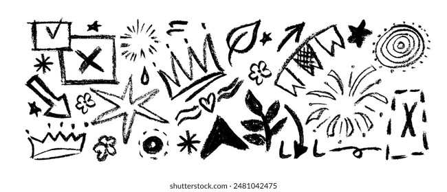 Collection of brush drawn symbols:  crowns, arrows, crosses,  star, flower,  swirls and dots with dry brush texture. Exclamation and question marks. Bold graffiti style shapes.