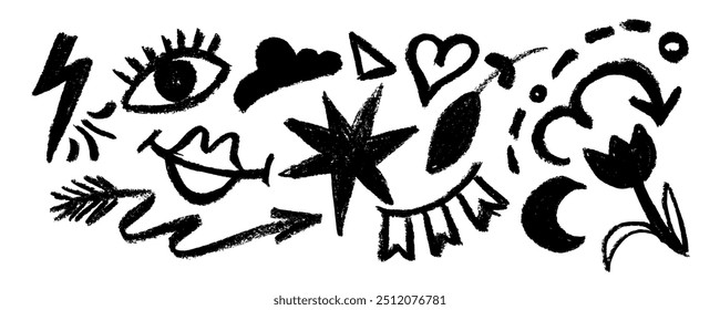 Coleção de símbolos desenhados de escova: coração, estrela, setas, olho, tulipa, redemoinhos e pontos com textura de escova seca. Ponto de exclamação e interrogação. Formas de estilo de grafite em negrito. Ilustração na moda do vetor.