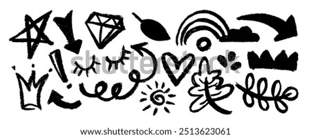 Collection of brush drawn  symbols: heart, star, arrows, eyes, tcrown, leaves,  swirls and dots with dry brush texture. Exclamation and question marks. Bold graffiti style shapes. 