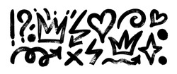 Collection Of Brush Drawn Symbols: Hearts, Crowns, Arrows, Crosses, Swirls And Dots With Dry Brush Texture. Exclamation And Question Marks. Bold Graffiti Style Shapes. Vector Trendy Illustration.