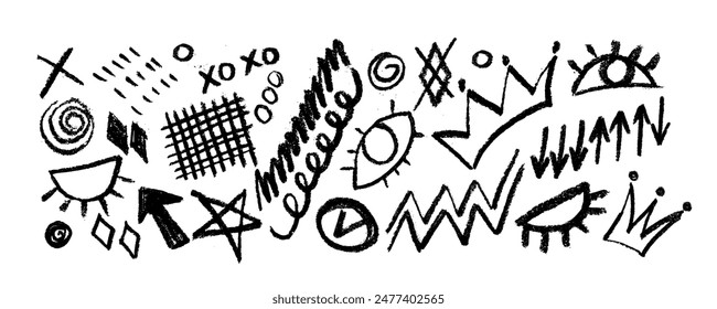 Collection of brush drawn symbols: hearts, crowns, arrows, eyes,  star, grid, crosses, swirls and dots with dry brush texture. Exclamation and question marks. Bold graffiti style shapes. 