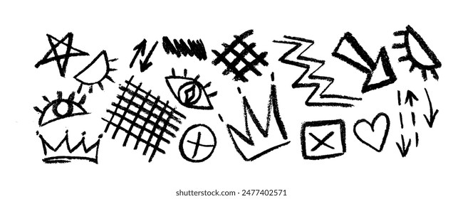 Collection of brush drawn symbols: hearts, crowns, arrows, eyes, grid, crosses, swirls and dots with dry brush texture. Exclamation and question marks. Bold graffiti style shapes. 