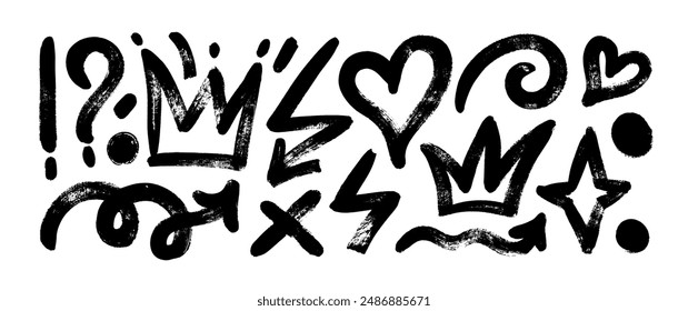 Collection of brush drawn symbols: hearts, crowns, arrows, crosses, swirls and dots with dry brush texture. Exclamation and question marks. Bold graffiti style shapes. Vector trendy illustration.