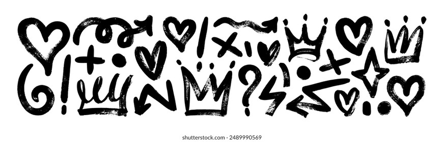 Collection of brush drawn symbols: hearts, crowns, arrows, crosses, swirls and dots with dry brush texture. Exclamation and question marks. Bold graffiti style shapes. Vector trendy illustration.