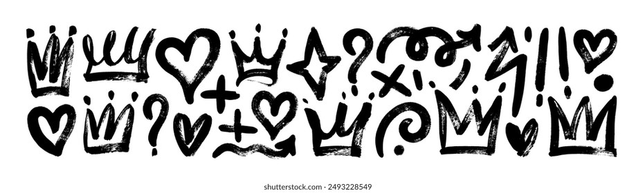 Collection of brush drawn symbols: hearts, crowns, arrows, crosses, swirls and dots with dry brush texture. Exclamation and question marks. Bold graffiti style shapes. Vector trendy illustration.