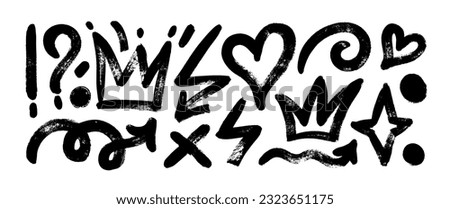 Collection of brush drawn symbols: hearts, crowns, arrows, crosses, swirls and dots with dry brush texture. Exclamation and question marks. Bold graffiti style shapes. Vector trendy illustration.