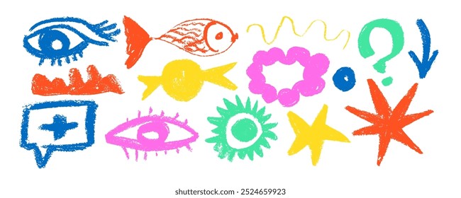 Collection of brush drawn symbols:  stars, arrow, eyes, fish, swirls and dots with dry brush texture. Exclamation and question marks. Bold graffiti style shapes. Vector trendy illustration.