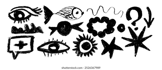Collection of brush drawn symbols:  stars, arrow, eyes, fish, swirls and dots with dry brush texture. Exclamation and question marks. Bold graffiti style shapes. Vector trendy illustration.