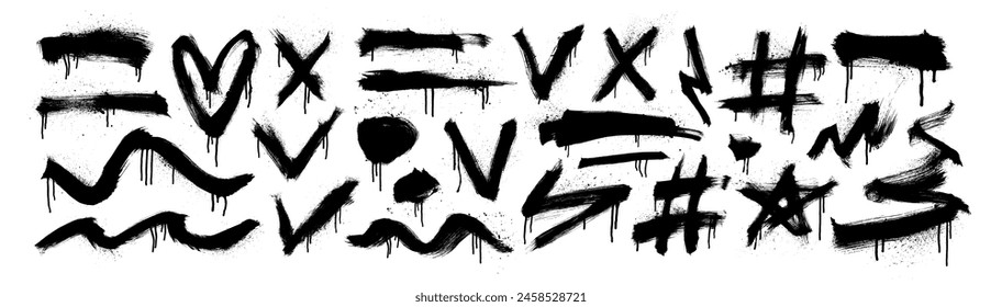 Collection of brush drawn symbols and underlines with spray painted texture and drips. Hand drawn rough bold object for collages, templates, presentations and diagrams. Bold graffiti style shapes.