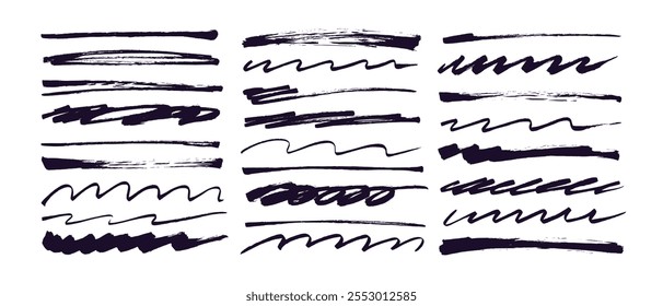 Colección de subrayados dibujados por pincel y trazos tachados. Conjunto dibujado a mano de varias líneas de garabato y trazos de pincel ondulados. Squiggle subrayados Horizontales o divisores. Rayas de doodle de tinta de Vector.