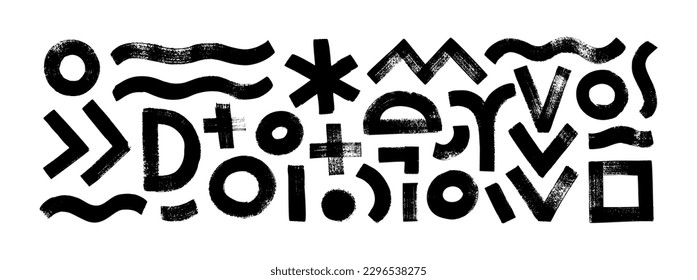 Collection brush drawn various geometric shapes. Hand drawn vector geometric figures isolated on white. Wavy bold lines, circles, square, asterisk and triangle lines. Grunge style black shapes.