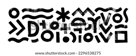 Collection brush drawn various geometric shapes. Hand drawn vector geometric figures isolated on white. Wavy bold lines, circles, square, asterisk and triangle lines. Grunge style black shapes.