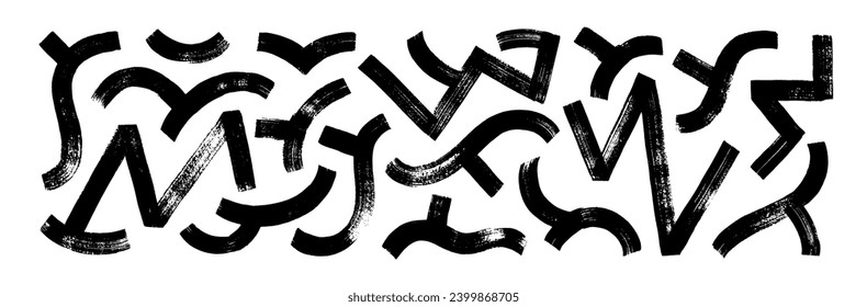 Collection of brush drawn wavy lines and curved strokes. Hand drawn bold shapes in doodle style. Geometric thick lines. Bold graffiti or Memphis grunge style. Vector ink elements for collages.