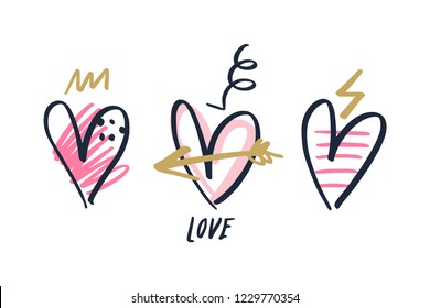 Collection of brush hearts, doodle memphis style, vector illustrations. Hand drawn pen and ink painting. Valentine's day isolated romantic elements.