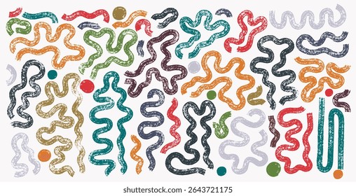 Coleção de linhas curvas de giro de traçado de pincel, pincel de tinta, linhas grunge. Texturas sujas de banners, caixas, quadros e elementos de design. Conjunto de pincel de círculo grunge curto e longo. Vetor Grunge