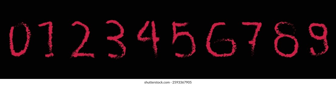 Collection of brush strokes, marker textured numbers. Numbers 0, 1, 2, 3, 4, 5, 6, 7, 8, 9. Set of stylish hand drawn brush painting numbers. Thick brush drawn grunge in red. Dirty texture vector. 