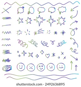 a collection of brush strokes and scribbled lines. set of Gradient color hand drawn design elements on white background