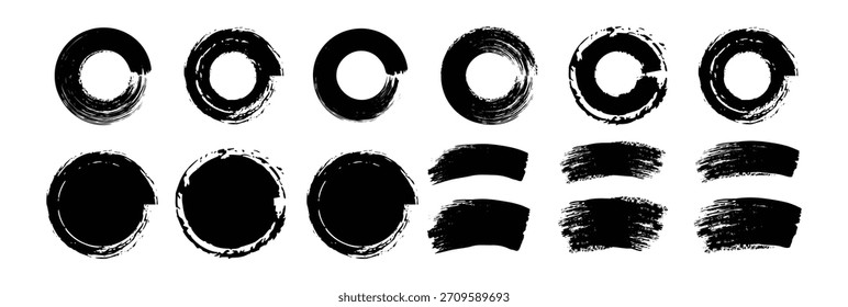 Colección de pincel. Pinceladas Vector. círculos de tinta grunge negro. pinceladas de tinta, líneas, círculos. Cajas artísticas sucias, marcos. Ilustración vectorial.	