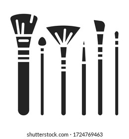 Collection brushes black glyph icon. Cosmetics accessory sign. Beauty industry. Professional facial make up. Pictogram for web page, mobile app, promo. UI UX GUI design element