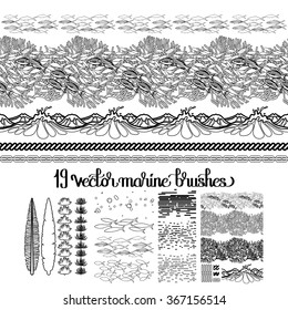 Collection of brushes drawn in line art style on white background. Sea and ocean fish,plants and waves for your design. Coloring book page design. 
