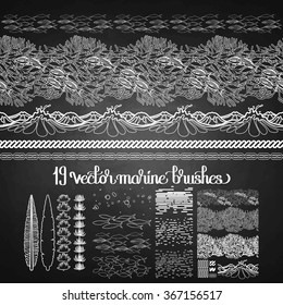 Collection of brushes drawn in line art style on Chalkboard. Sea and ocean fish,plants and waves for your design. Coloring book page design. 