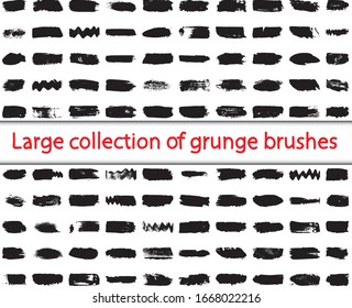 Colección de pinceles de estilo grunge. Trazos horizontales de pintura negra sobre fondo blanco. Puntos de tinta abstracta