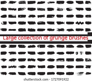 Collection of brushes in grunge style. Horizontal strokes of black paint on a white background. Abstract ink spots