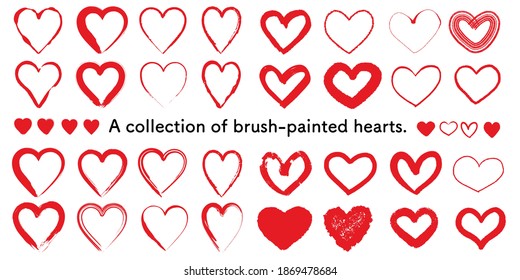 A collection of brush-painted hearts. Vector illustration on a white background.