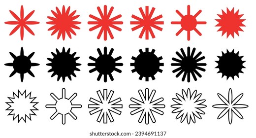Collection of brutalism figure shapes, star flowers, sunlight frame designs. Brutalist icon. Floral circle element
