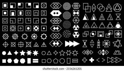 Collection of brutalism simple geometric form elements. A set of different acid base shapes and textures for templates. Modern memphis style. Digital retro rave background. Vector editable stroke.