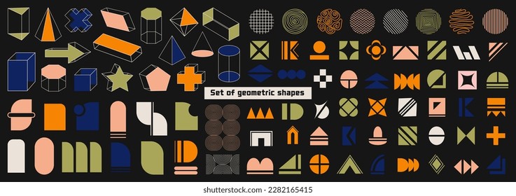 Collection of brutalist abstract geometric shapes and monoline elements. Suitable for graphic design, posters, stories, merch, and flyers. Vector.