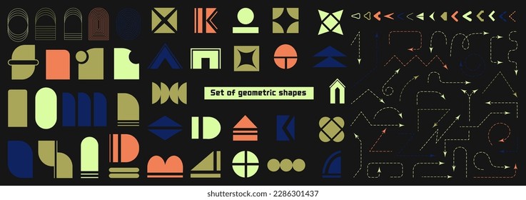 Colección de formas geométricas abstractas brutales: elementos de monolina y flechas. Adecuado para diseño gráfico, afiches, merch y folletos. Estilo retro. Vector.