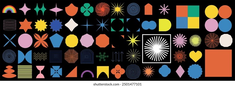 A collection of brutalist abstract geometric shapes and grids, featuring contemporary figures like stars, ovals, spirals, flowers, and other primitive elements. Inspired by Swiss design principles.