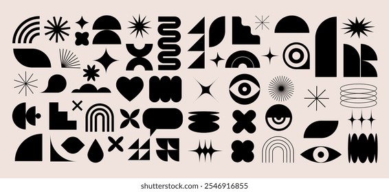 Collection of Brutalist abstract geometric shapes and elements. Modern, minimalist contemporary black and white primitive geometric shapes and elements. Vector concept design