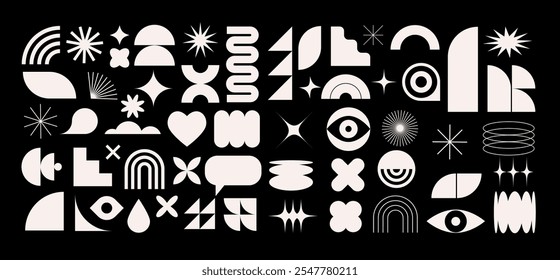 Collection of Brutalist abstract geometric shapes and elements. Modern, minimalist contemporary black and white primitive geometric shapes and elements. Vector concept design