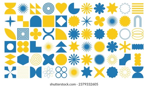 Collection of brutalist geometric shapes. Blue and yellow abstract geometric shapes. Graphic design elements. Vector illustration